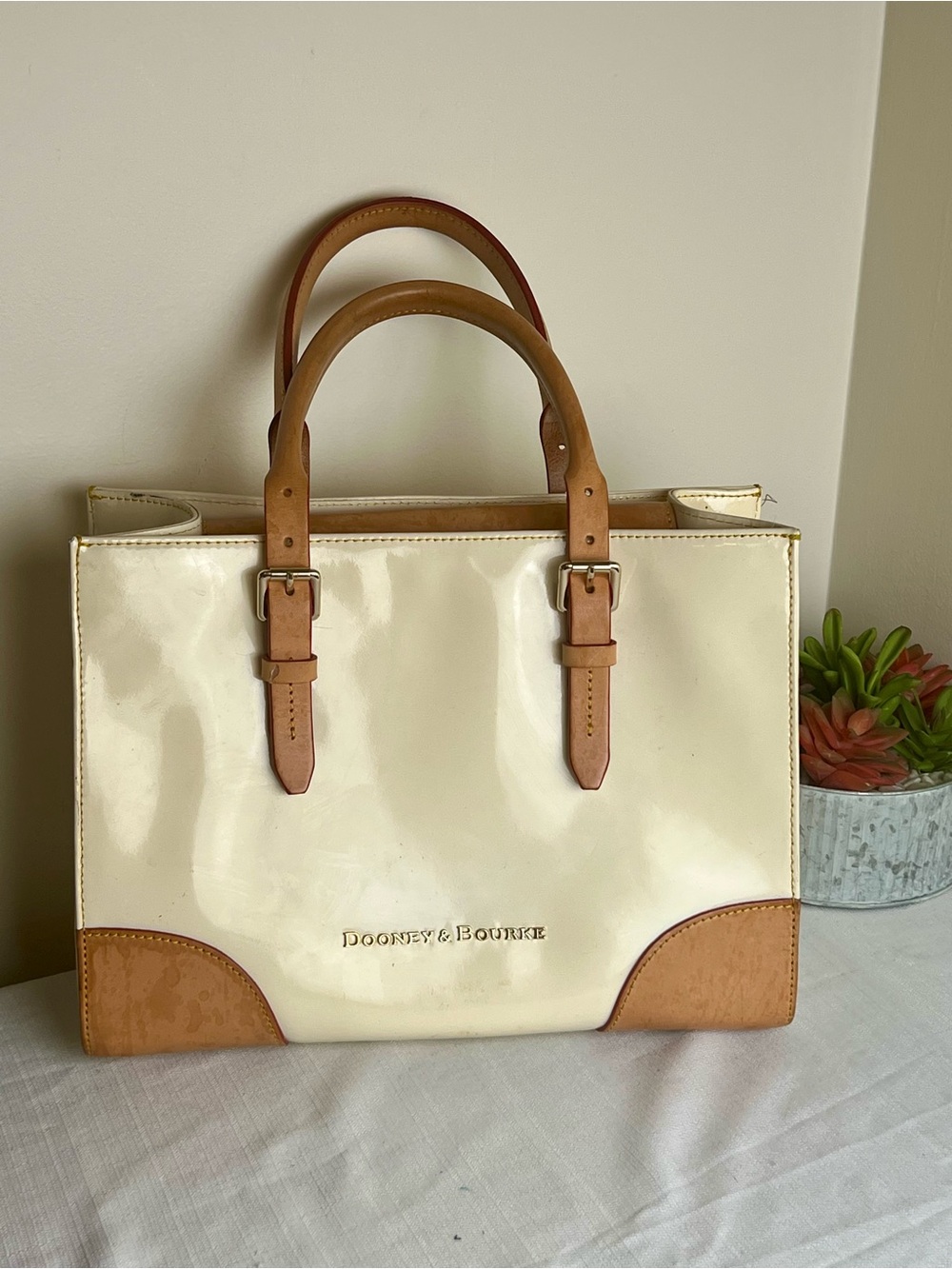 Dooney & Bourke Janine Cream Patent Leather Satchel with Tan Trim